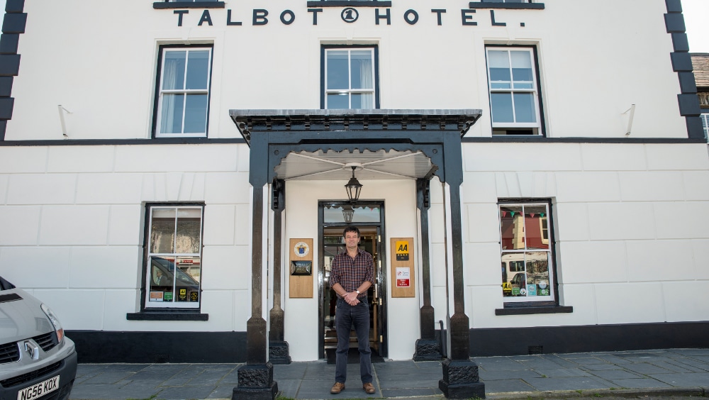 Mick Taylor outside Y Talbot Hotel, Tregaron